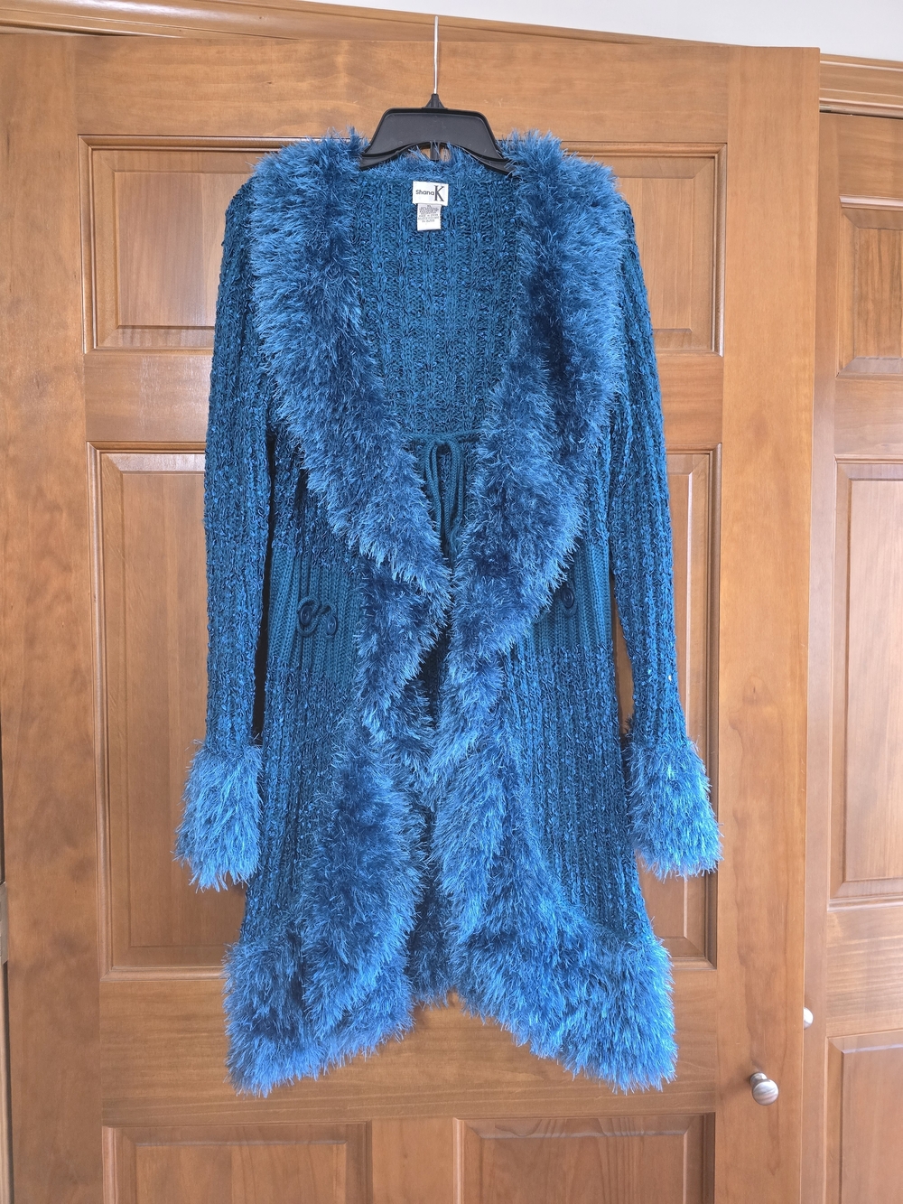 Shana K Vintage Faux Fur Teal Blue Open-Front Cardigan